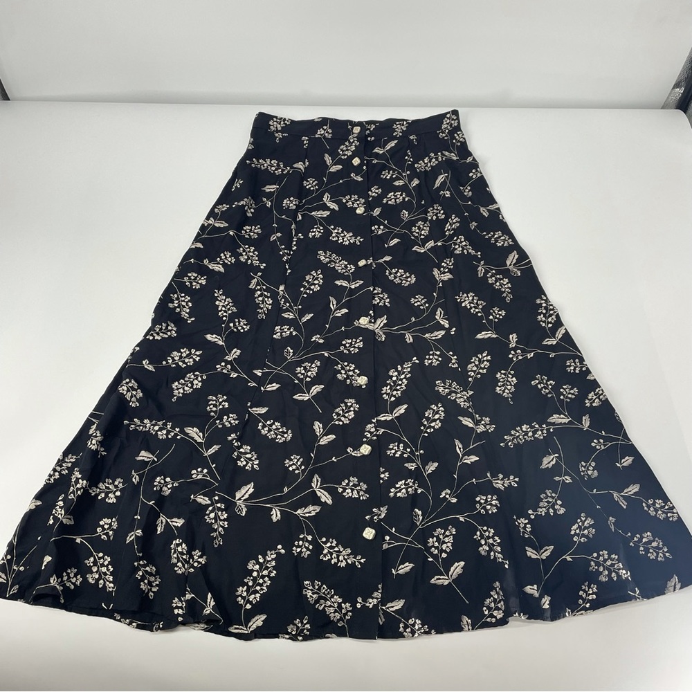 Vintage 90’s Black Cream Floral Maxi Skirt Bird Buttons Petite Waist